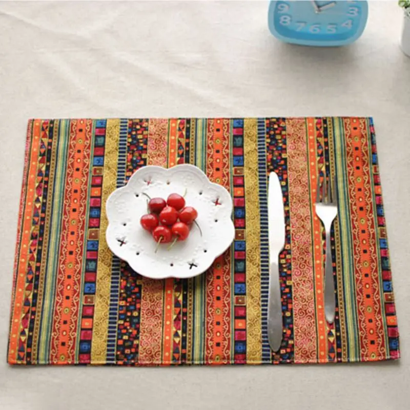 Mantel Individual de lino y algodón con diseño de rayas geométricas, tapete de mesa de estilo étnico, antideslizante, rectangular, de dos capas, decoración