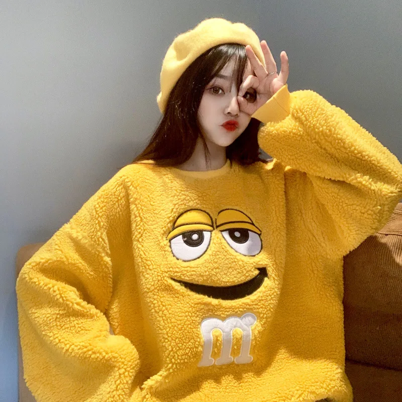 [EWQ] Autumn New Thickening Keep Warm Pullovers Knit Tops Full Sleeve Plus Size Smile Lamb Fur Winter Lady Sweatshirt QL556