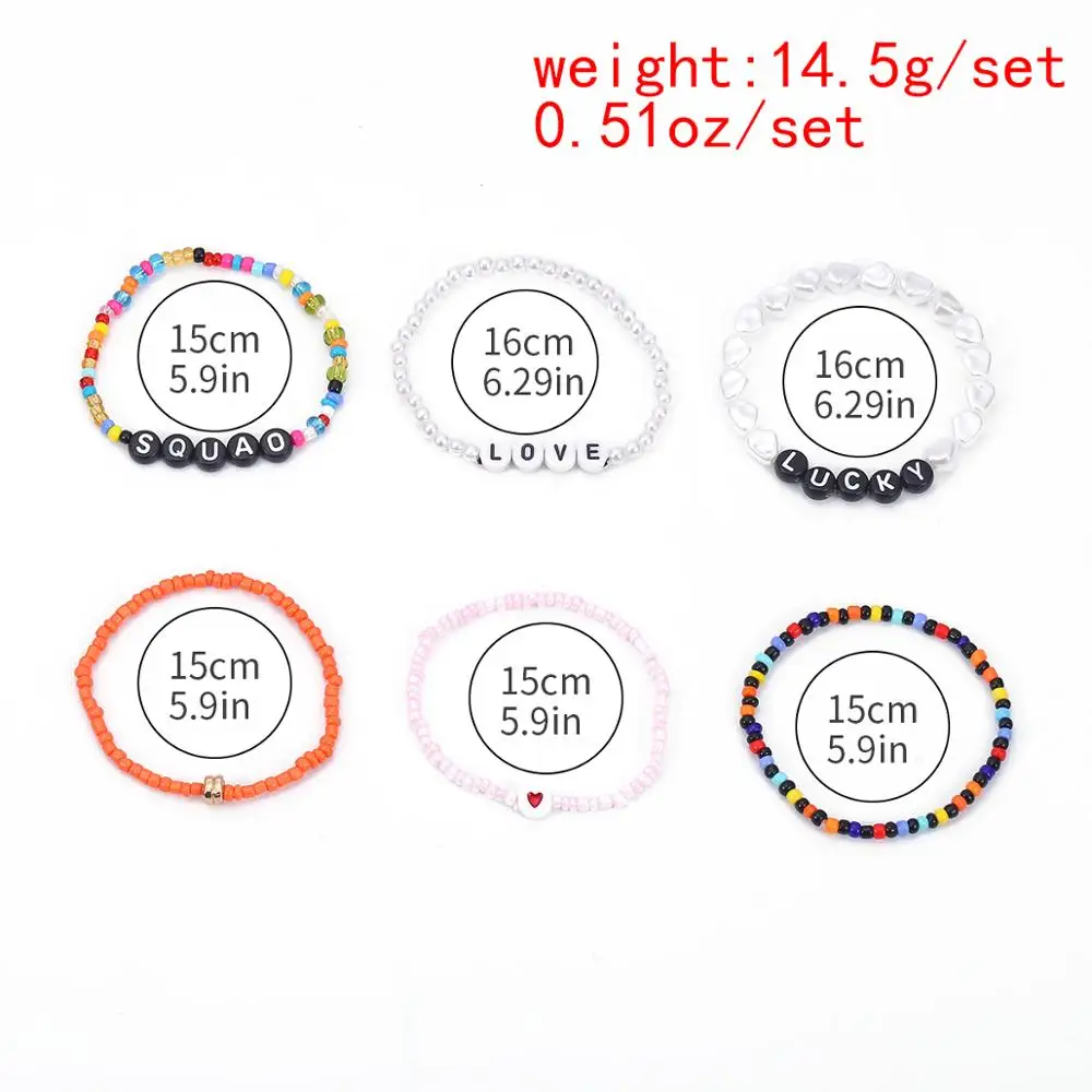 

Lacteo 6Pcs/set Boho Colorful Bead Imitation Pearl Chain Bangle Bracelet Statement Letter Heart Fashion for Women Jewelry