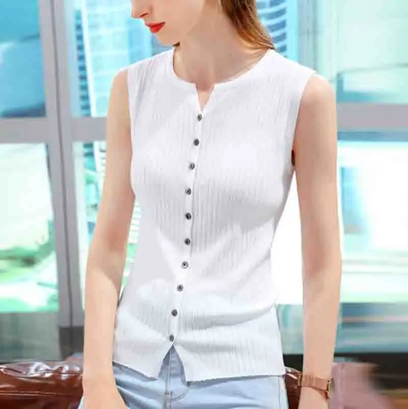 

Cultiseed Women Summer New Single Breasted Solid Color Knitted Sleeveless Vest T-Shirts Female Ladies Elegant Casual Camis Tees