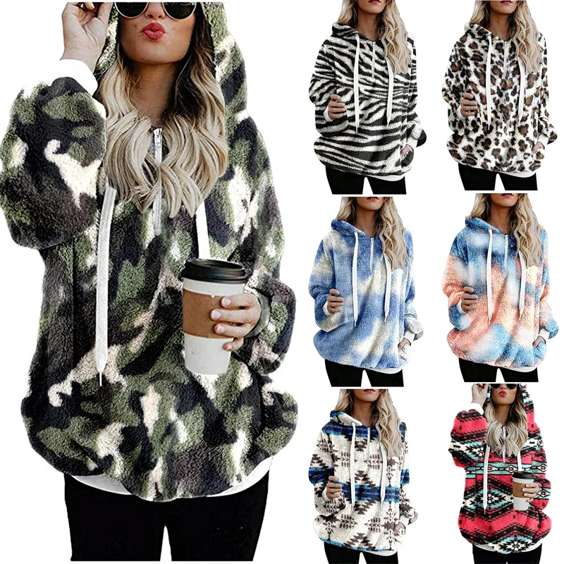 

2021 Autumn Women Warm Fuzzy Fleece Tie Dye Sweatshirt Zipper Plaid Pullover Hoodie with Pockets Clothes Fluffy Long Sleeve Coat