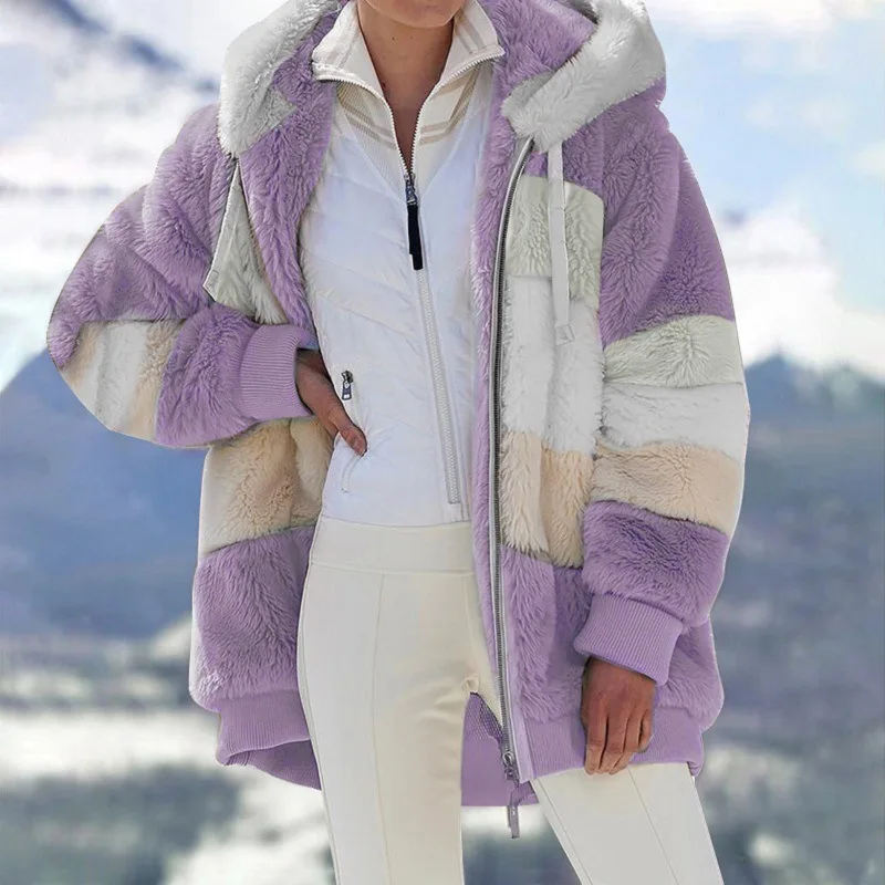 2021Fall Women's Outerwear Warm Women Jacket Loose Long Sleeves Plush Multicolor Splicing Hoodie Jacket Fashion Street Clothing