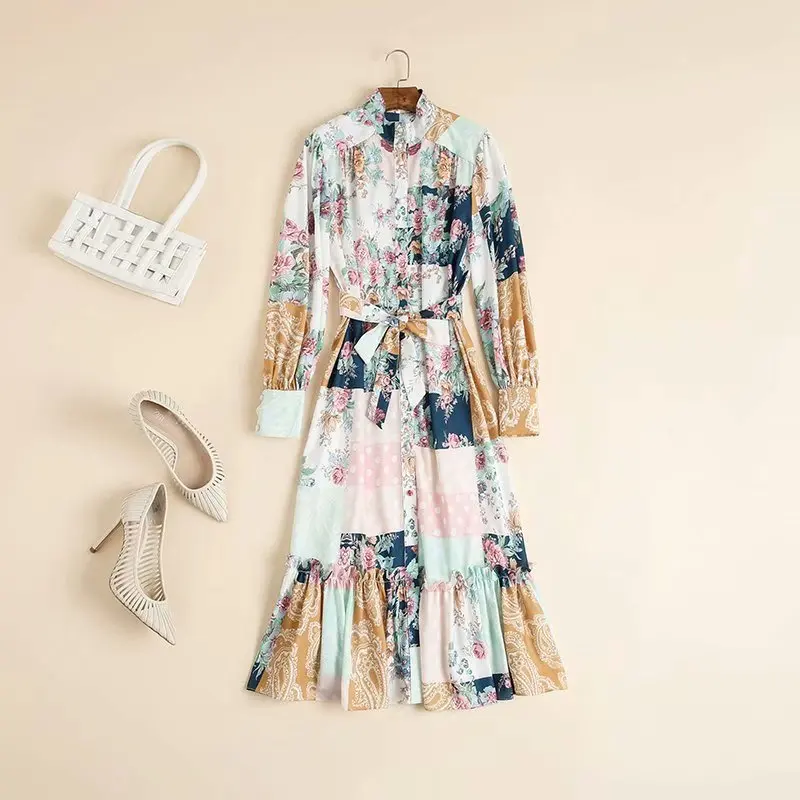 

Женская одежда в американском и европейском стиле новинка осень 2021 стильное модное платье на шнуровке с длинными рукавами и воротником-сто...