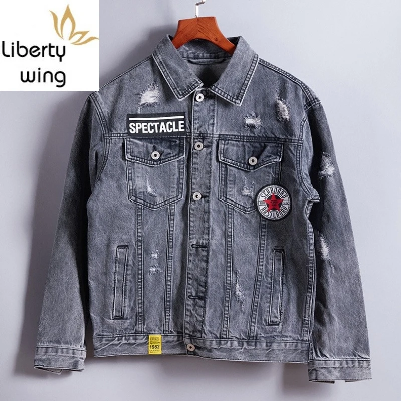 Spring Autumn Mens Jacket High Hole Ripped Long Sleeve Denim Coat Casual Street Loose Single Breasted College Jackets