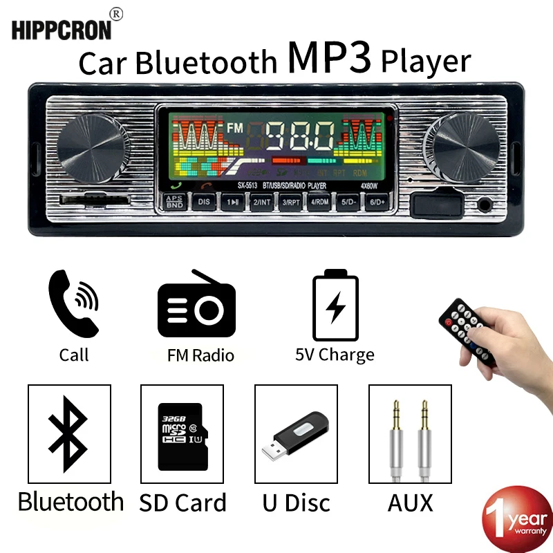 Hippcron Автомагнитола 1 DIN стерео FM Bluetooth MP3 аудио плеер сотовый телефон гарнитура
