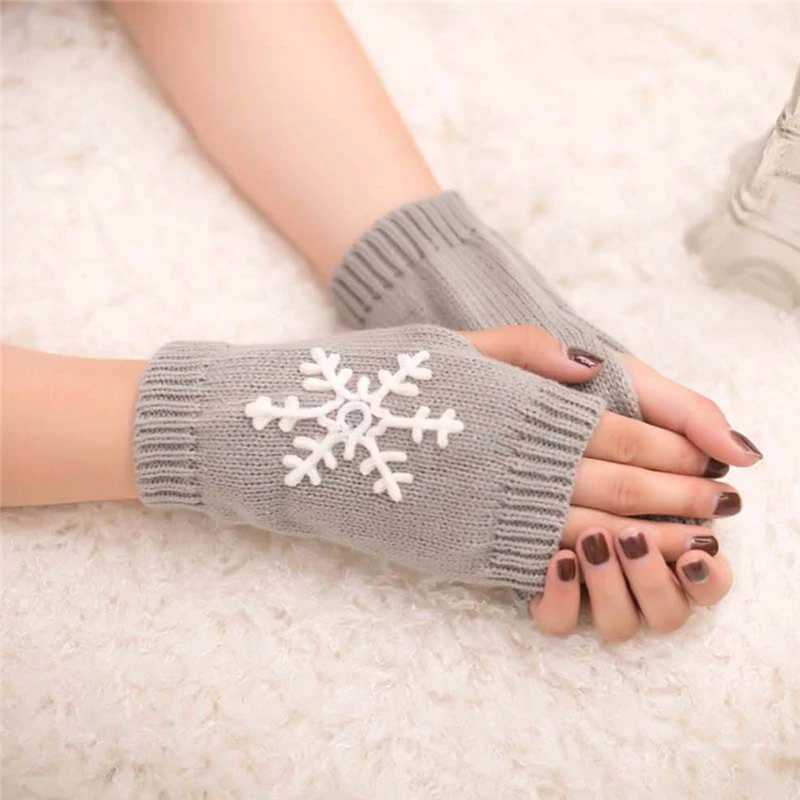 

New Hot Sale Fashion Female Knitted Gloves, Girls Snowflake Embroidery Half-Finger Glove for Autumn Winter Handwear wholesale