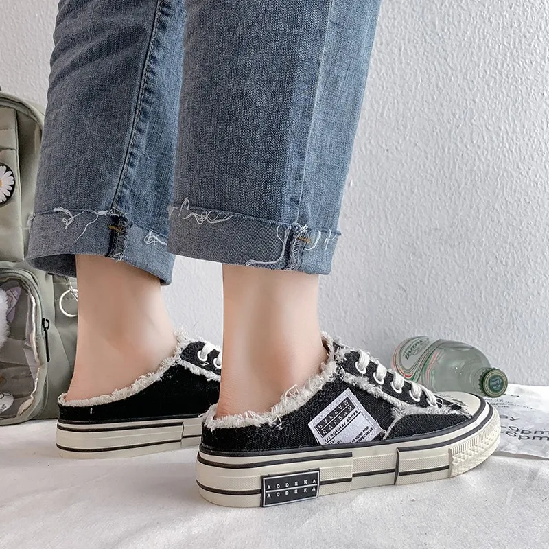 

Spring Canvas Half Slippers Women Summer Flat White Shoes Without Heel Non-slip Lace Up Ladies Vulcanized Shoes Woman N3-88