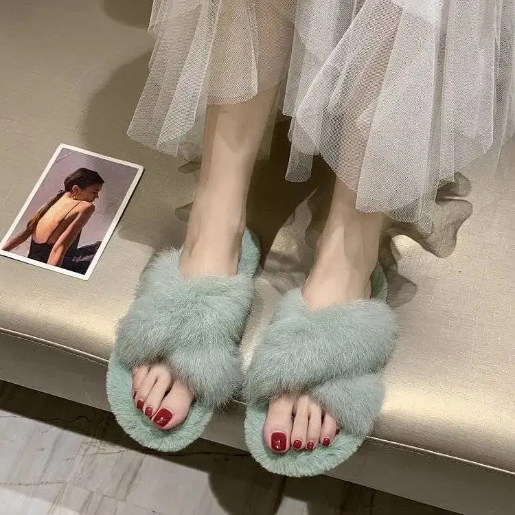 

Natural rabbit velvet winter warm fur slippers ladies home shoes indoor slippers 2021 luxury wool slippers ladies casual slipper