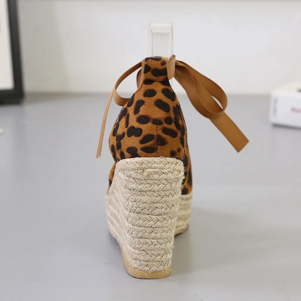 

Women Open Toe Breathable Beach Sandals Bow Lace-Up Casual Leopard Wedges Shoes Sexy Outside Women's Sandals Ladies Shoes