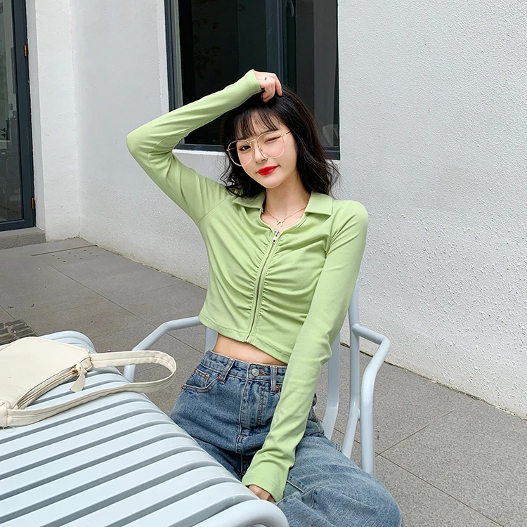 

Korean New Slim Solid Tees Long Sleeve Women Clothing Turn-down Collar Zipper T Shirts Fashion Brand Ladies Tops Spring Autumn