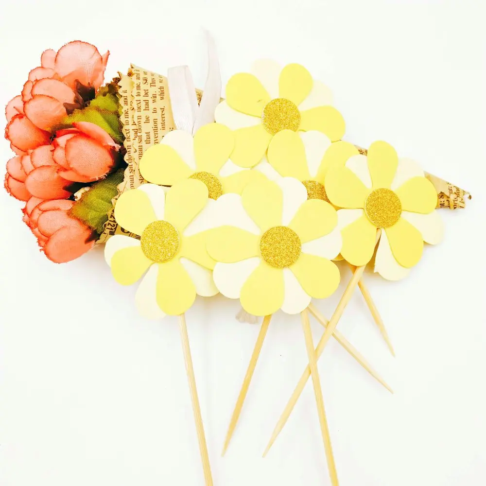 6 шт./компл. десертные палочки с желтым цветком бамбуковый фрукт для кекса