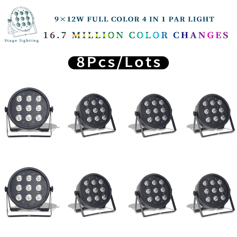 

8pcs/lots 9x12W Flat LED Par Lights, 9*12w RGBW 4IN1 PAR DMX512 control disco lights professional stage DJ equipment