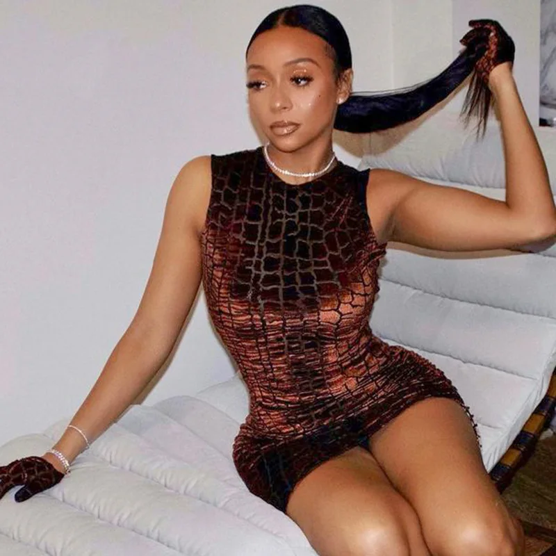 

Women Robe Femme Crocodile Print O-Neck Pencil Dresses Shrinkage Drawstring Sleeveless Slim Hips Mini Dress For Woman Vestidos