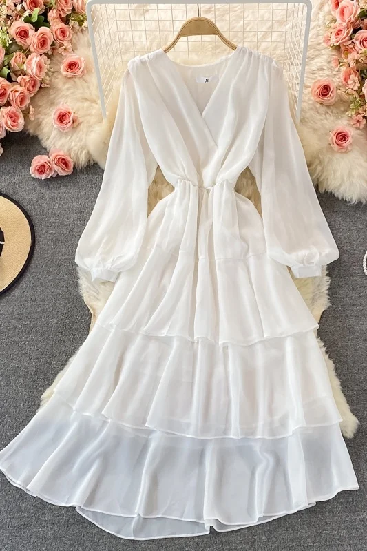 

Women's Summer Autumn Holiday Beach Dress Girls Fashion Long Sleeve V-neck Long Dress Ladies Ruffle Chiffon Dress