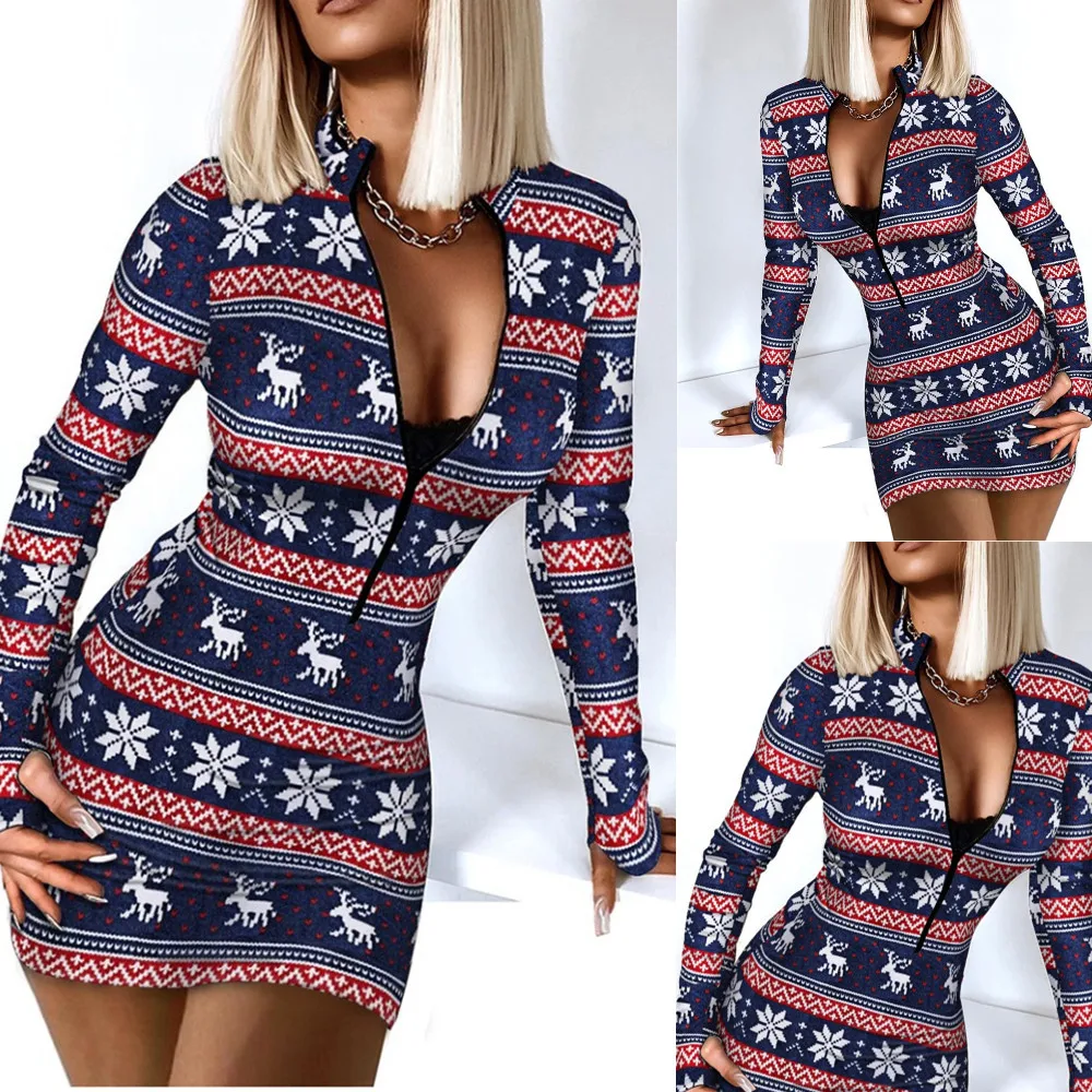 

Zipper Buttock Tight Dress Women Autumn 2021 Long Sleeve V-neck Mini Dresses