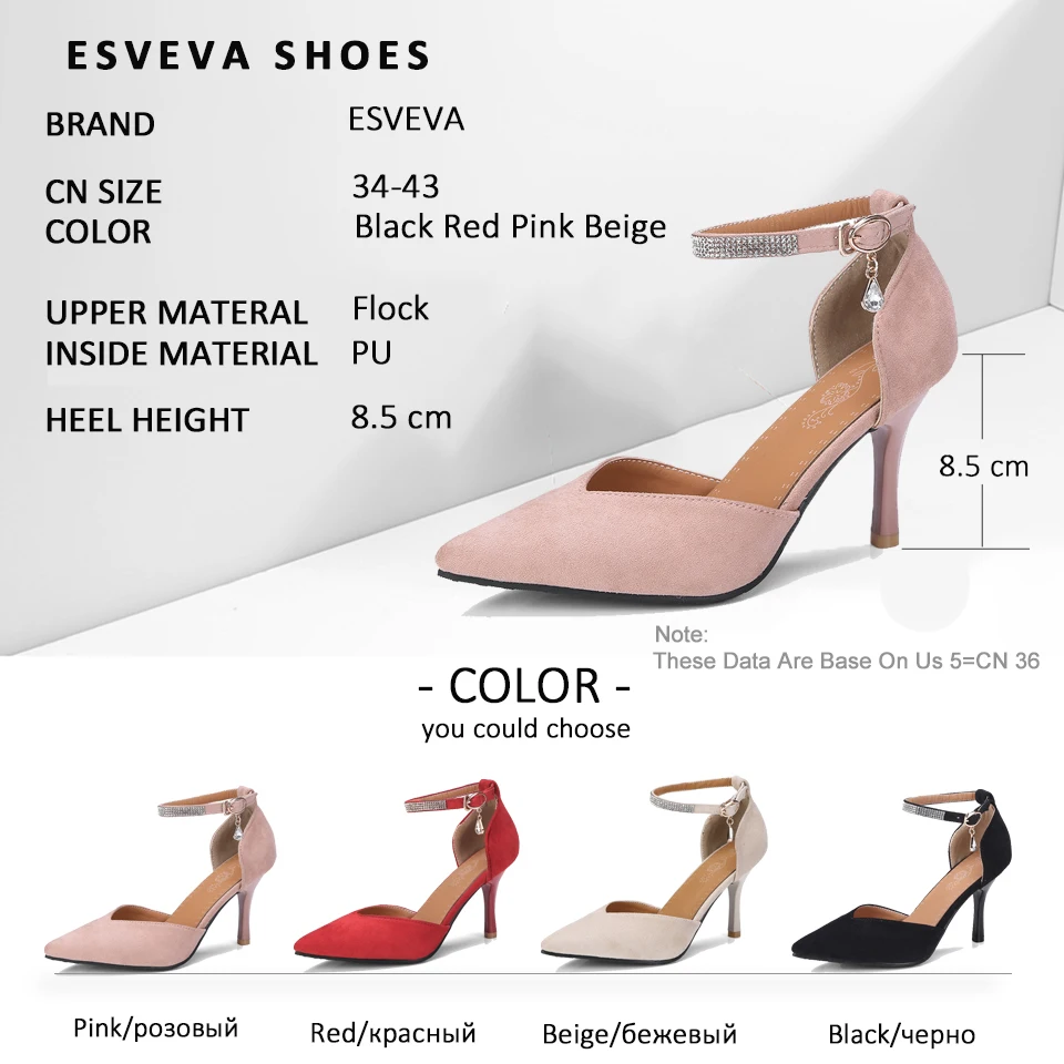

ESVEVA 2018 Women Pumps Fashion Flock Spring Autumn Pointed Toe Buckle Strap Thin Heels Elegant Women Pumps Shoes Size 34-43