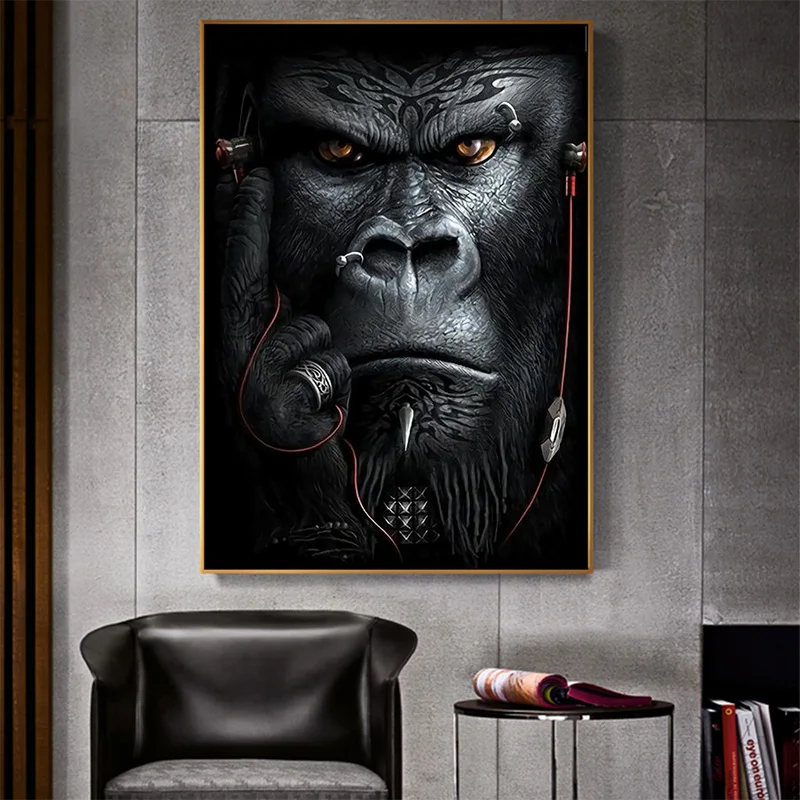 

Fierce expression Apes and Monkeys Listening to Music Wall Art Posters And Prints Animals Canvas Painting Picture For LivingRoom