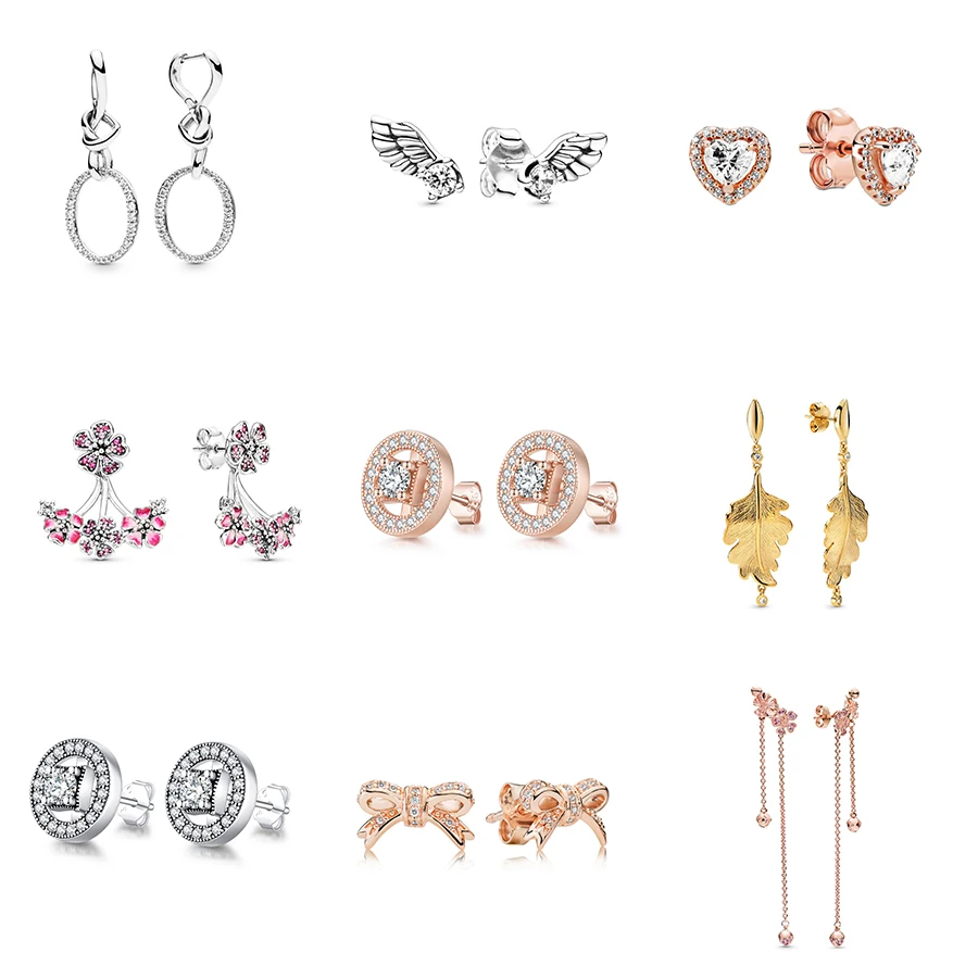 

925 Sterling Silver Ear Studs Charm Diy Round Earring Pink Flower Cute Wing Rose Gold Heart For Women Wedding Jewelry
