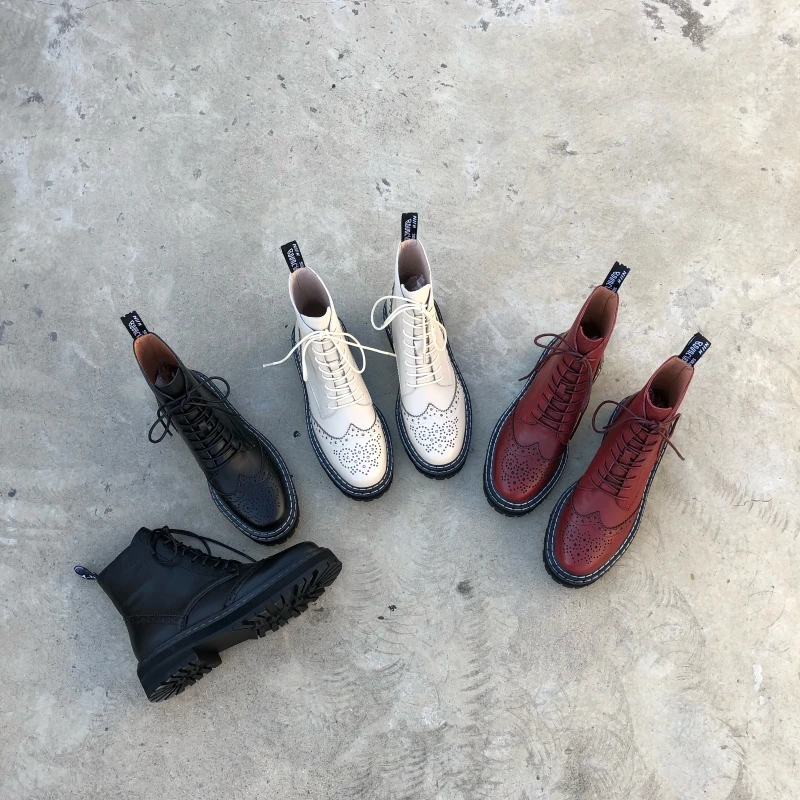 

Women's ankle boots natural leather ankle boots Cowhide upper Brock carved short boots woman Autumn and winter warm short plush