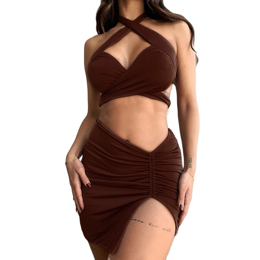 

Женский облегающий Топ XLLAIS, коричневая хлопковая мини-юбка с рюшами и разрезом, сексуальный жилеты с вырезом с лямкой через шею, Клубная оде...