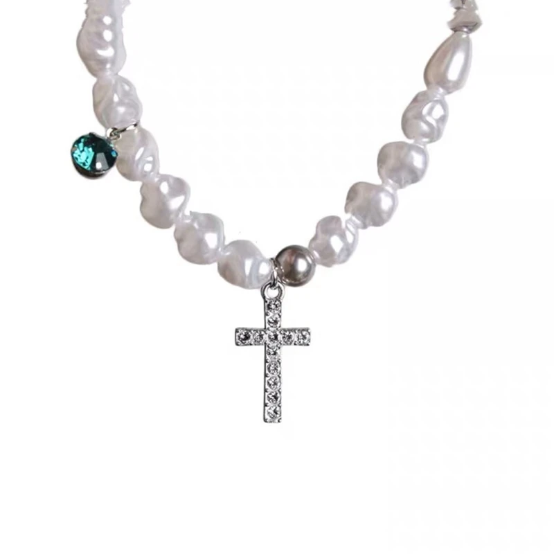 

Rhinestone Cross Charm Pendants Fashion Necklace Simulated Irregular Pearls Crystals Simply Necklace for Women Jewelry