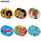 SOMESOOR дизайн 2021 афро Headwarp натуральные волосы черная девушка деревянные висячие серьги комиксы губы LOL искусство печать висячие для женщин подарок