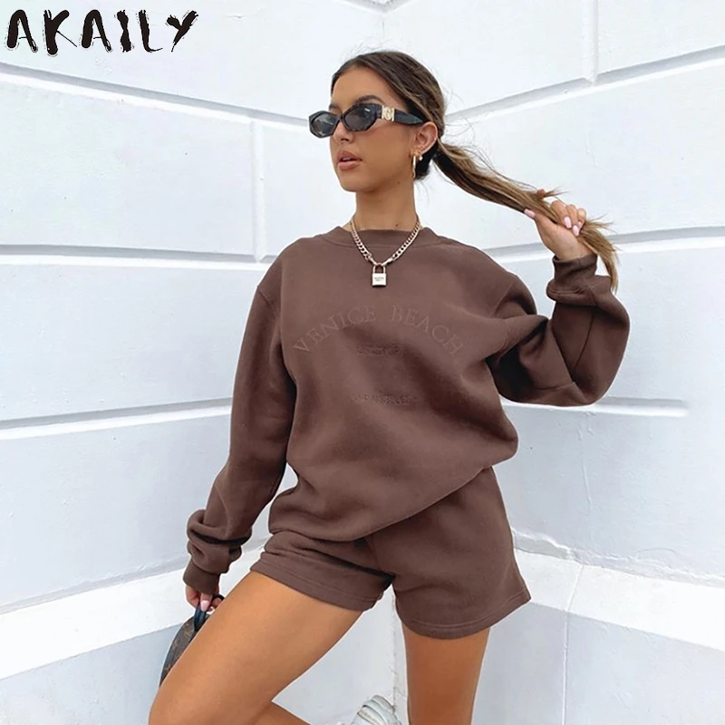 

Akaily Summer Streetwear Letter 2 Two Piece Sets Tracksuit Womens Outfits Loose Fleece T Shirts Shorts Sets Female Matching Sets