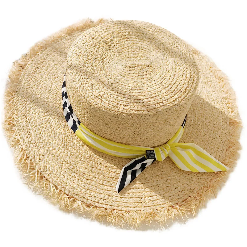 

New Summer Sun Hats Women Fashion Girl Raffia Hat Ribbon Bow Beach Hat Casual Straw Flat Top Panama Hat Bone Feminino