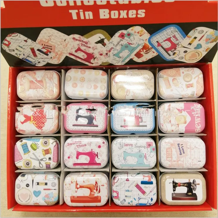 

32pcs/lot Mixed Sewing Machine Printing Mini Pill Case Collectables mini Box Diy storage box square lipstick case small tin box