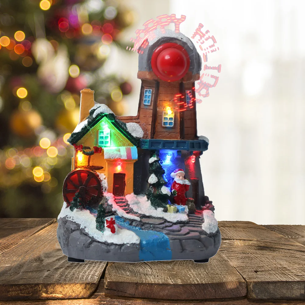 

Resin Statue Crafts Christmas Luminous Santa Snowhouse Windmill Rotating Decoration New Year Party Supplies