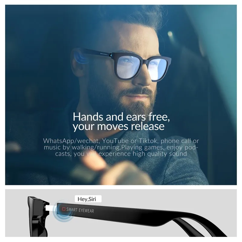 구매 무선 블루투스 핸즈프리 통화 기능이 있는 새로운 고급 스마트 안경, 오디오 오픈 이어 라이트 렌즈 안티 블루 스마트 선글라스