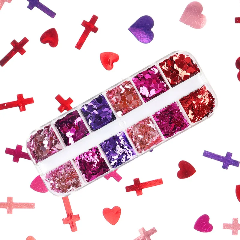 

Nail Art 12 Color Love Cross Sequins Stand-alone Boxed Mixed Color Nail Jewelry Love Sequins Nail Supplies Nails Accessories