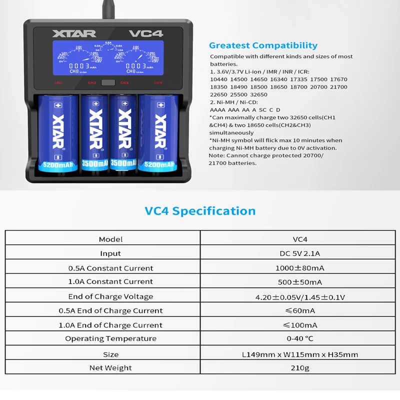 xtar aaa aa batery charger vc8 vc4 vc4s display charger charge li ion battery 10400 26650 20700 21700 18650 battery charger free global shipping