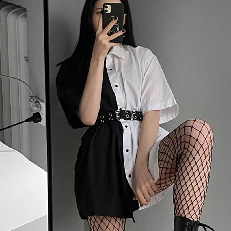 

2021 Streetwear Black White Long Blouse Shirt Patchwork Contrast Color Gothic Fashion Women Blouses Tops Loose Cardigan Sale