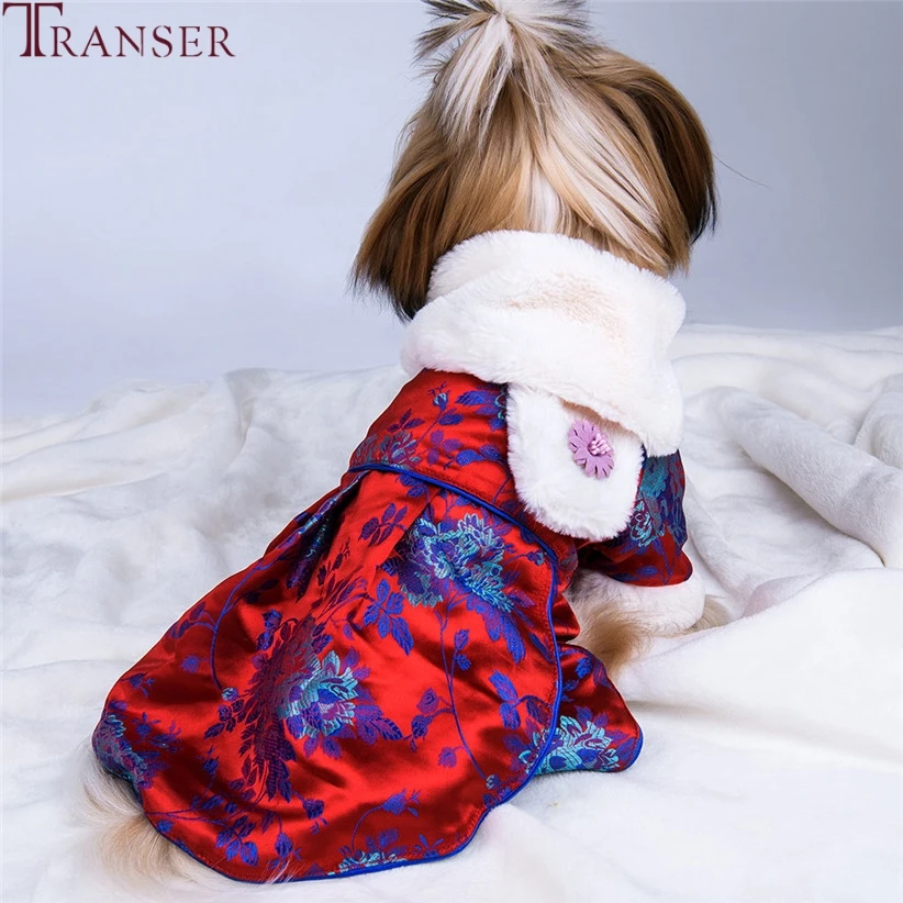 Transer, Ретро стиль, корейский стиль, флис, с отворотом, элегантное платье для собак, Зимняя Теплая Одежда для питомцев, цветочный узор, одежда для собак, вечерние, 9904