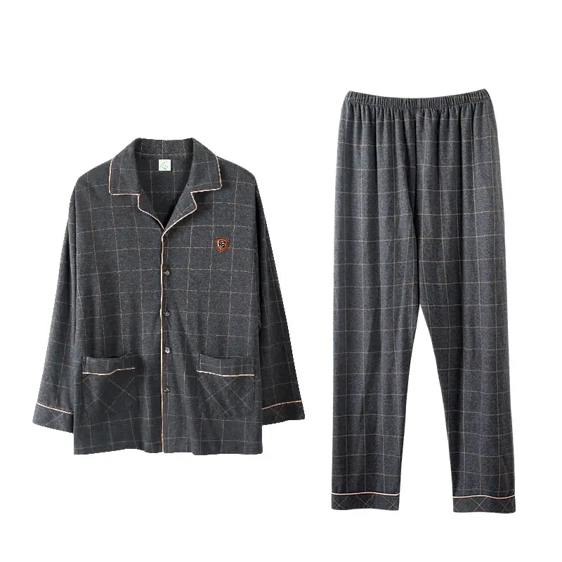 Spring New Male 100% Cotton Sleepwear 2 Pcs Lapel Cardigan Stylish Plaid Grey Men Pajamas Set Luxury Pjs | Мужская одежда