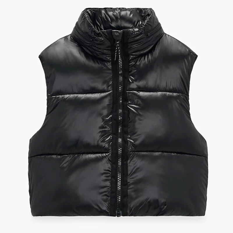 

2021 Spring Autumn Women Fashion Black Glossy Vest Coat Casual Zipper Hooded Sleeveless Waistcoat Warm Short Outwear Tops Female