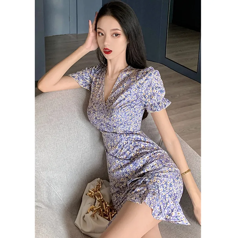 

2021 New Fashion Sexy Women's Cross V-Neck Drawstring Short Mini Fishtail Dress