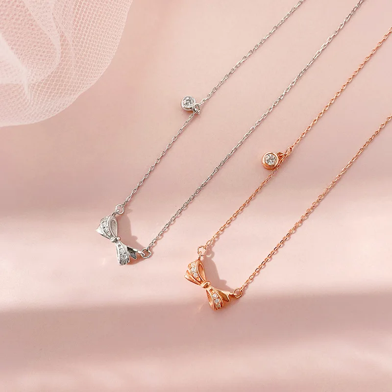 

925 Sterling Silver Tassel Bowknot Charm Necklace Pendant Christmas Jewelry For Women Wedding Choker dz158