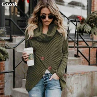 2021 autumn women turtleneck knitted sweaters solid long sleeve irregular hem pullover thick fashion button loose sweater