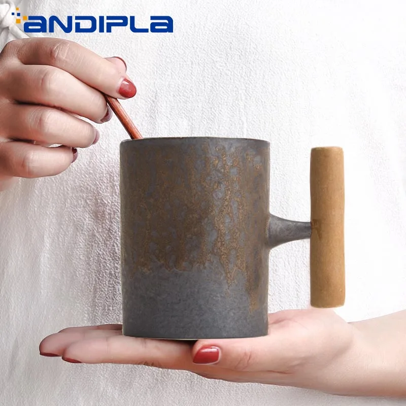 Кружка Керамическая старинная грубая с глазурью и деревянной ручкой|pottery mugs|glazed