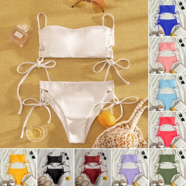 

2021 новый европейский и американский сексуальный однотонный купальник бикини с разрезом