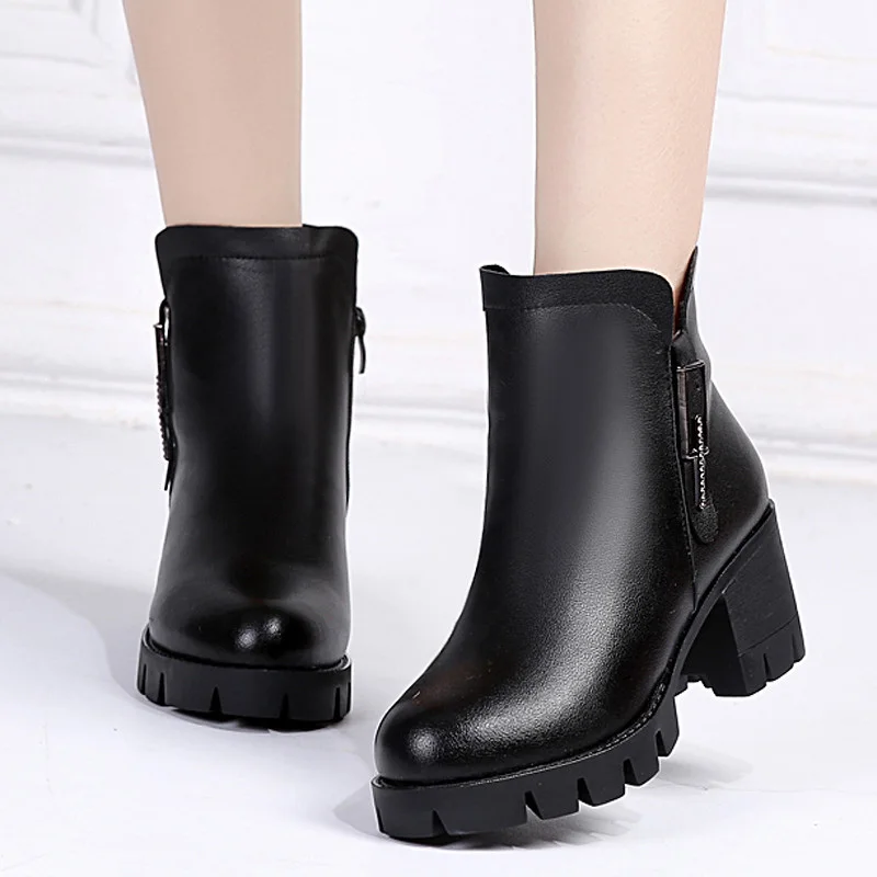 

CEYANEAO New Wool Fur Women Winter Snow Boots 2020 Genuine Leather Thick High Heel Ankle Boots For Women Platform Warm Shoes