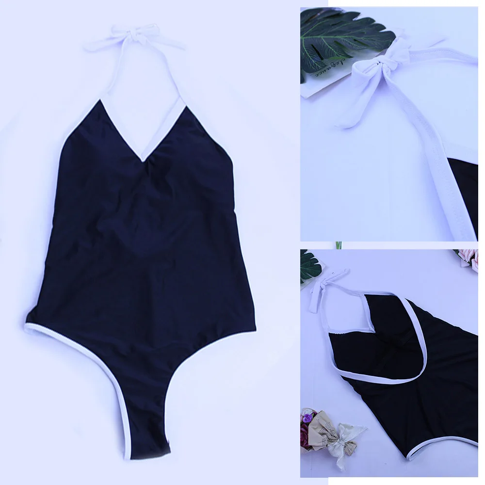 

One-piece Swimsuit Simple Solid Color Black and White Stitching Bikini New Beach Sexy Open Back Soft Women's Swimsuit