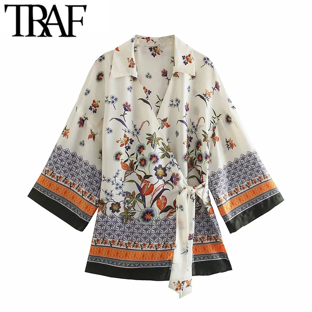 

TRAF Women Fashion With Tied Floral Print Kimono Blouse Vintage Three Quarter Sleeve Side Vents Female Shirts Chic Tops