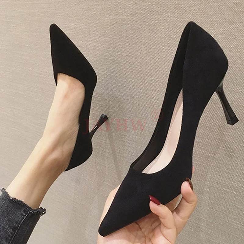 

JAYHW женская обувь весна/осень 2021 новый черный высокий каблук женские замшевые острые стилеты модные сексуальные куклы Женская Классическая...
