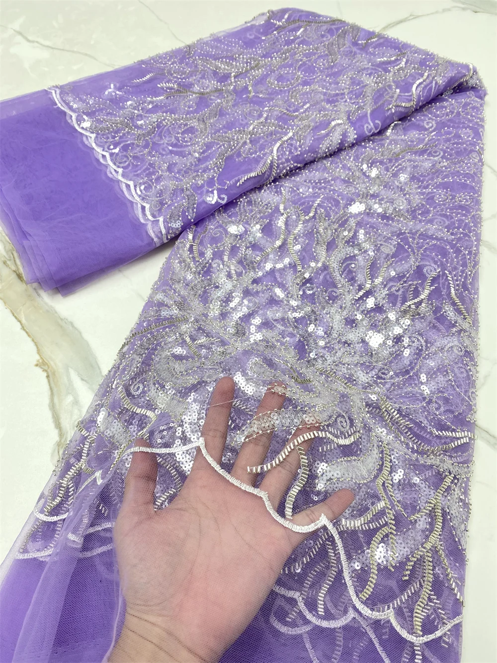 

Latest French Nigerian Special Beads Laces Fabric 2022 High Quality Sequins African Lace Fabric For Wedding Dress Lilac 4344B