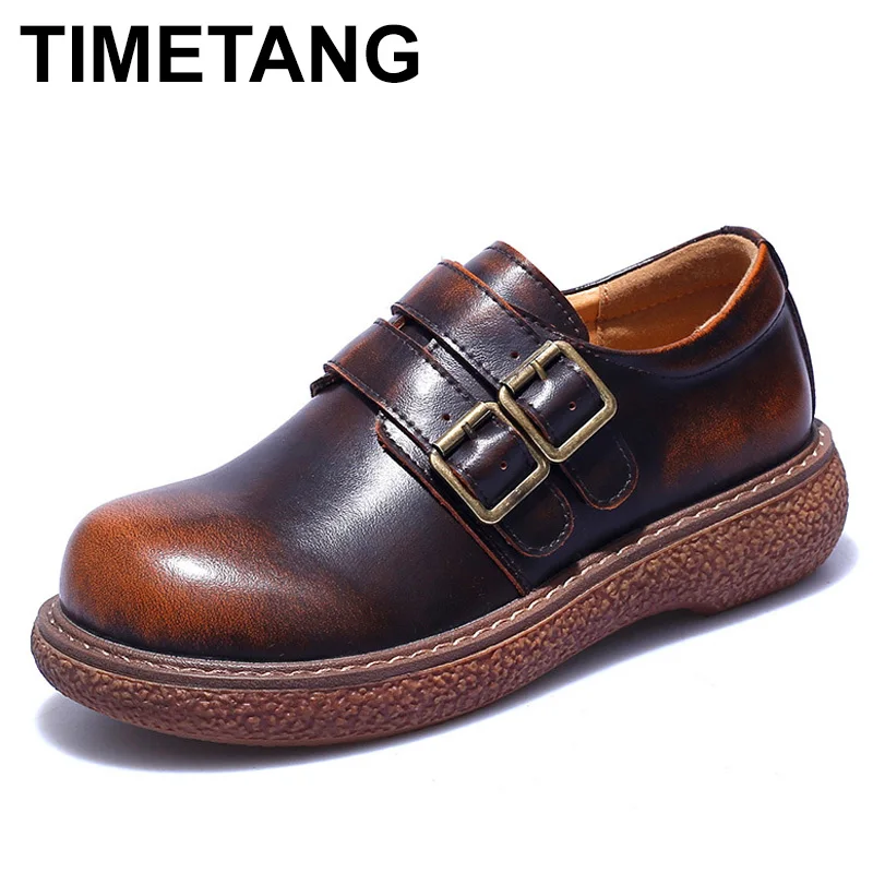 TIMETANG100% натуральная винтажный из бычьей кожи; женские оксфорды; коллекция года; сезон весна-осень; британский стиль; женская обувь на плоской подошве с круглым носком; e1154