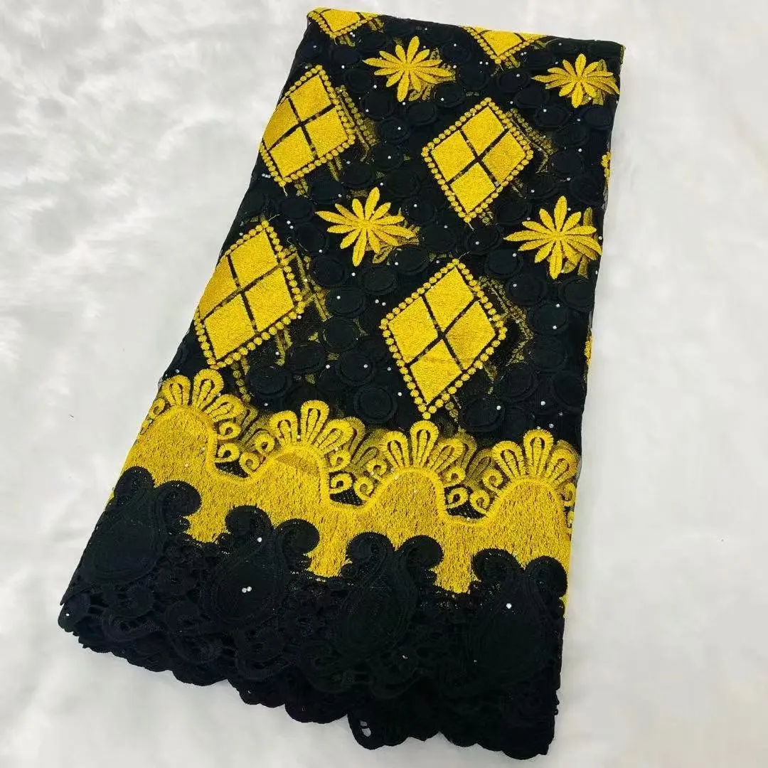 

High Quality Black Yellow African Tulle Lace Applique With Guipure Border Ghana Garment Dress Sewing Crafts With Rhinestones