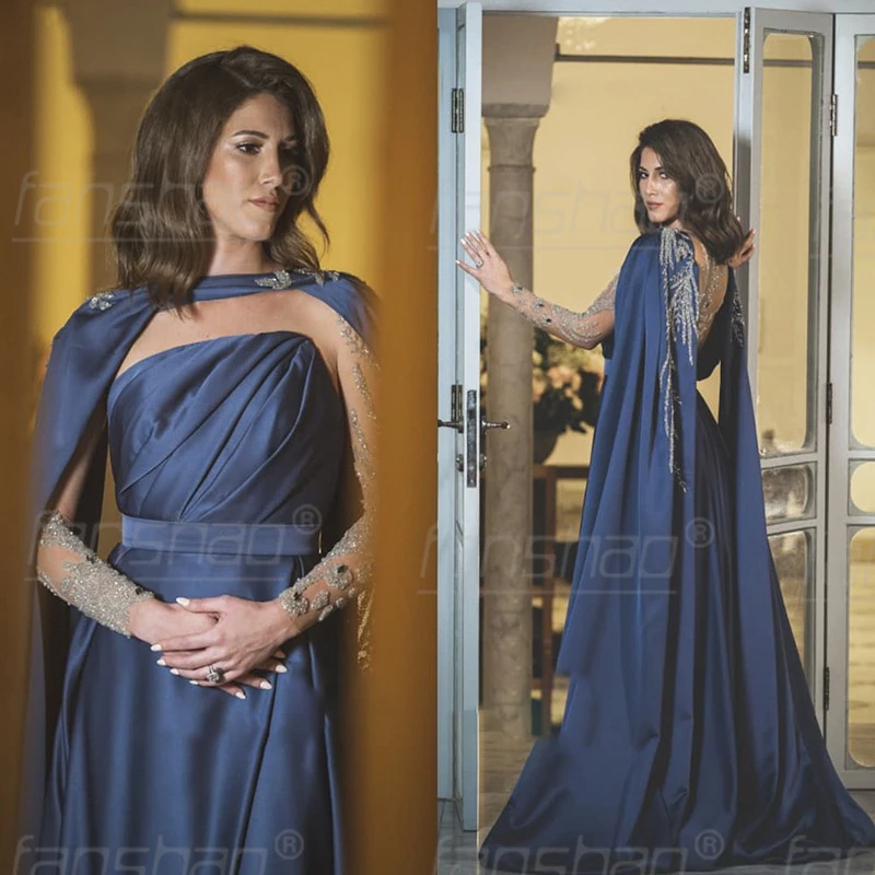 

Женское вечернее платье Fanshao, темно-синее платье с длинным рукавом, выполненное на заказ, из Саудовской Аравии